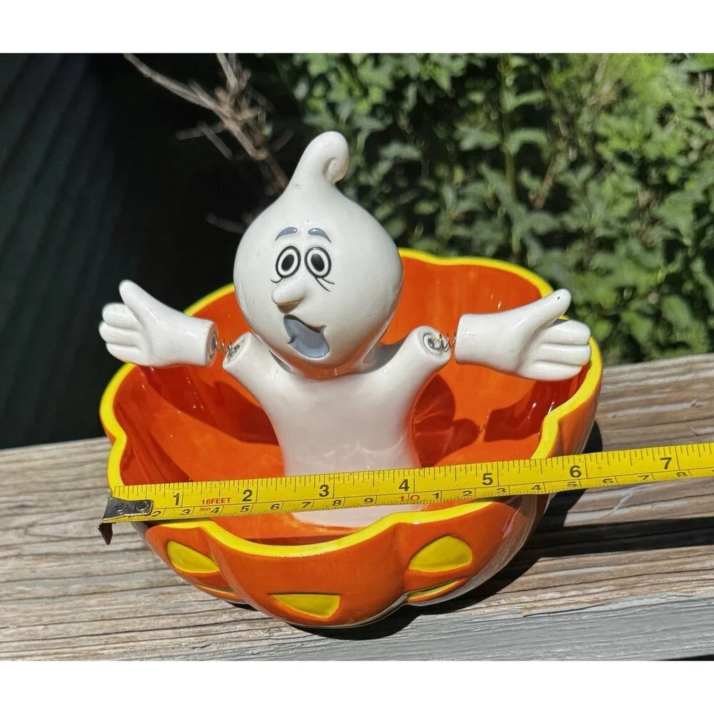 VTG Department 56 Halloween Ghost in Pumpkin Candy Dish Bowl Jiggle Spring Arms
